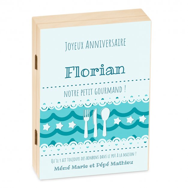 Set de couverts pour enfant dans coffret en bois avec impression garçon 1 an