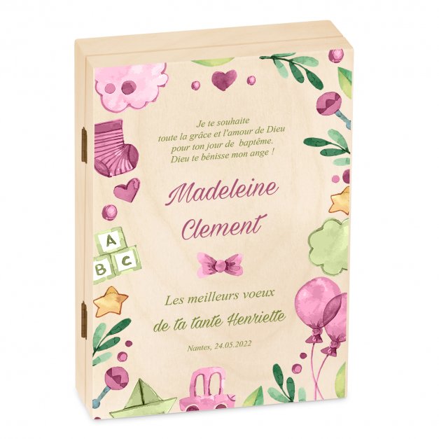 Set de couverts pour enfant dans un coffret en bois avec impression fille baptême