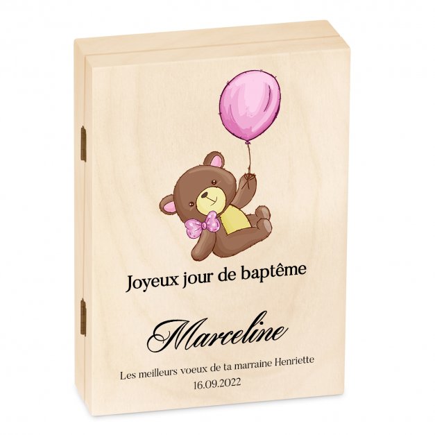 Set de couverts pour enfant dans coffret en bois avec impression fille bapteme ourson