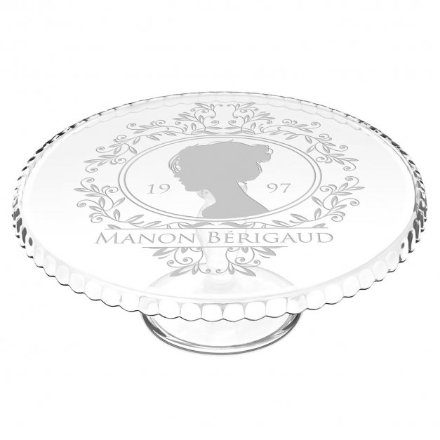 Présentoir à gâteau sur pied en verre avec gravure pour l'anniversaire de marraine