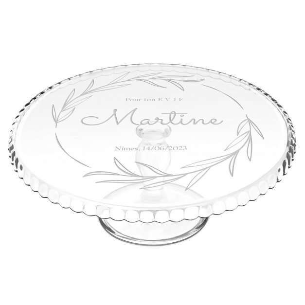 Présentoir à gâteau sur pied en verre avec gravure pour une amie pour l'enterrement de vie de jeune fille