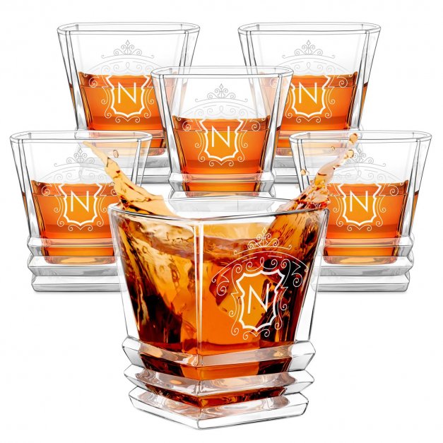 Ensemble de 6 verres à whisky Geometric avec gravure pour gentleman avec initiale