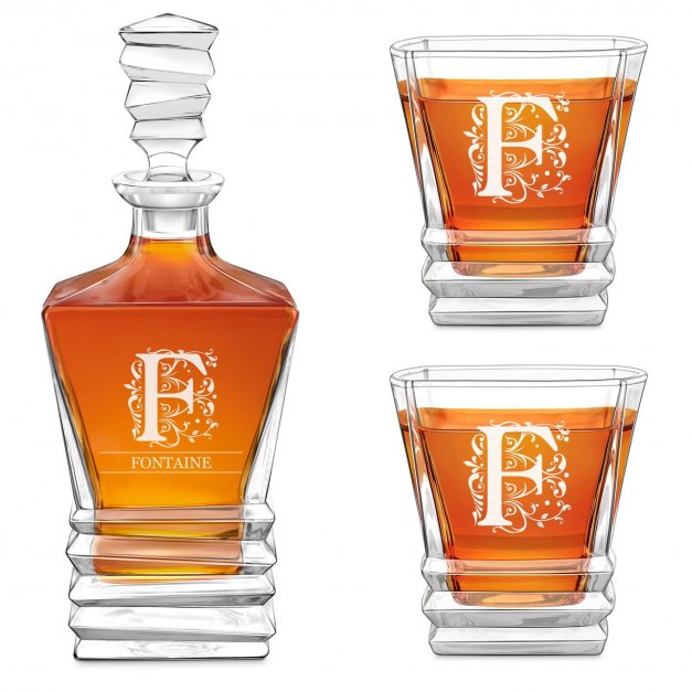Ensemble Carafe Geometric et 2 verres avec gravure avec initiale décorative pour lui