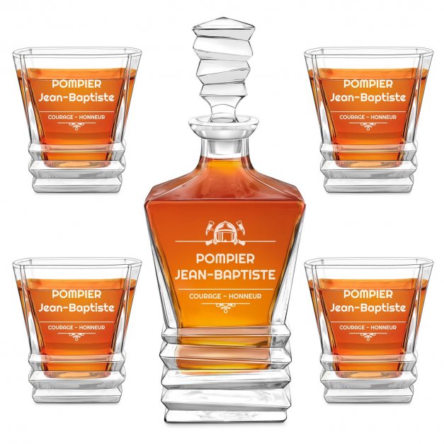 Ensemble Carafe Geometric et 4 verres avec gravure pour un pompier