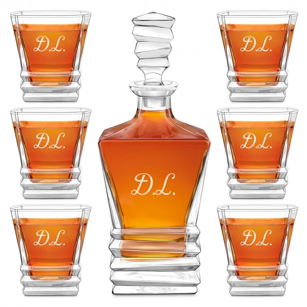 Ensemble Carafe Geometric et 6 verres avec gravure pour connaisseur de whisky avec initiales