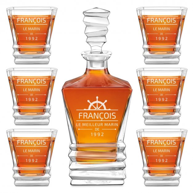 Ensemble Carafe Geometric et 6 verres avec gravure pour marin voyageur