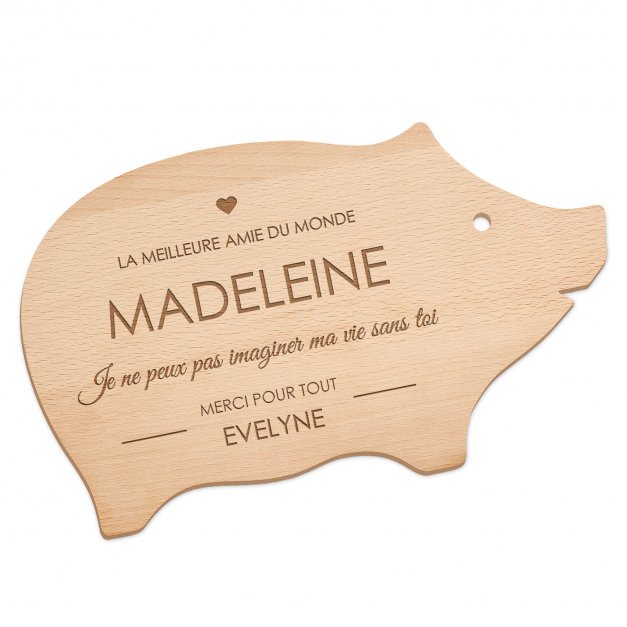 Planche à découper en forme de cochon avec gravure pour l'anniversaire d'une meilleure amie