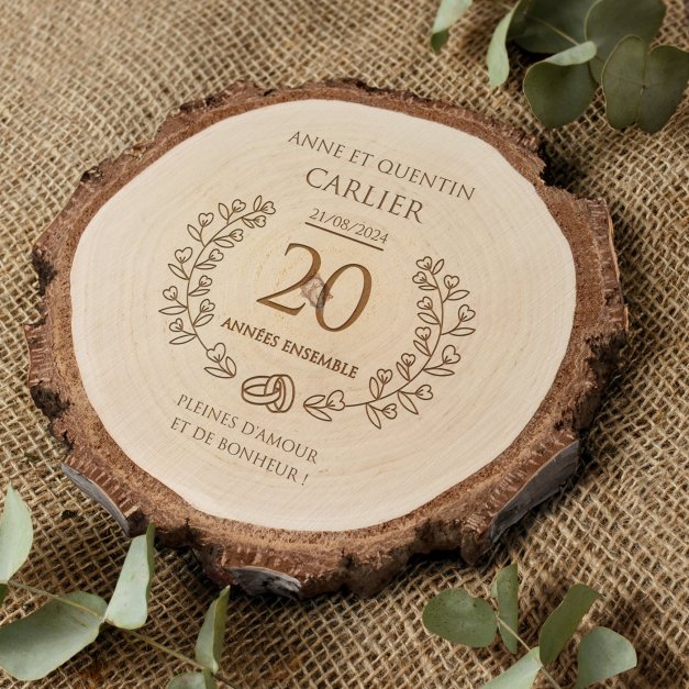 Rondin de bois avec gravure pour un couple pour 20 ans de mariage