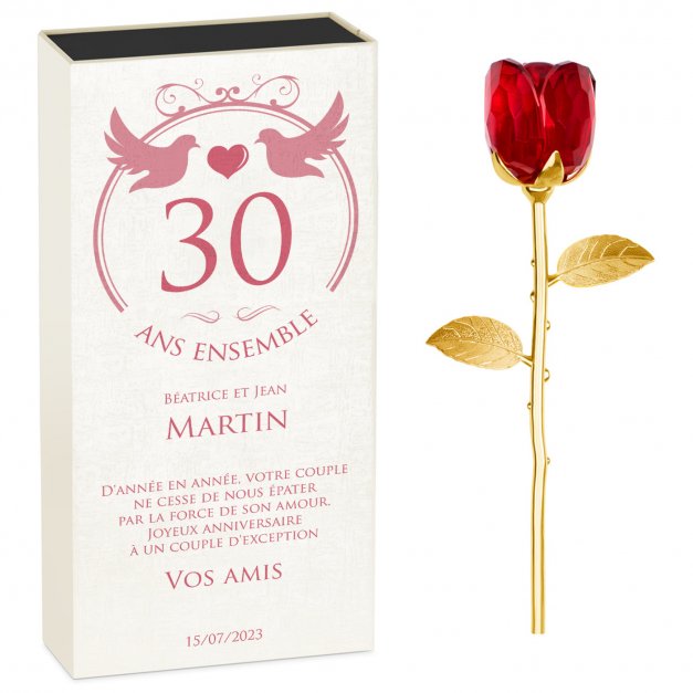 Rose éternelle en cristal + coffret avec impression pour 30e anniversaire de mariage