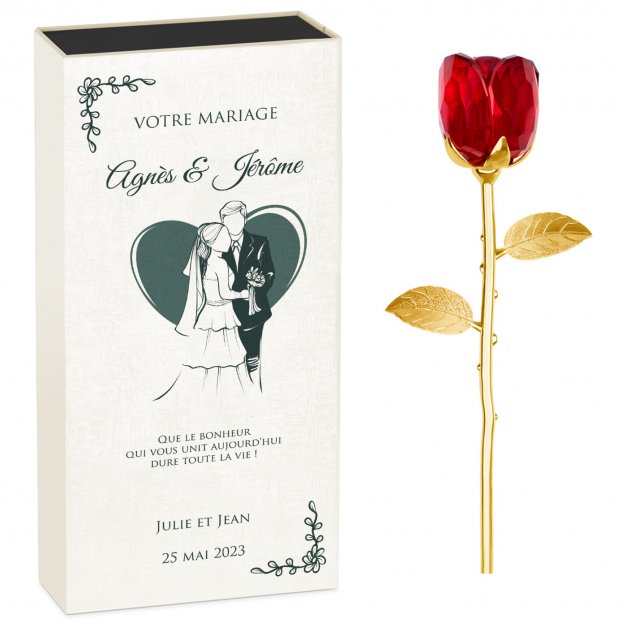 Rose éternelle en cristal + coffret avec impression pour un couple pour le mariage