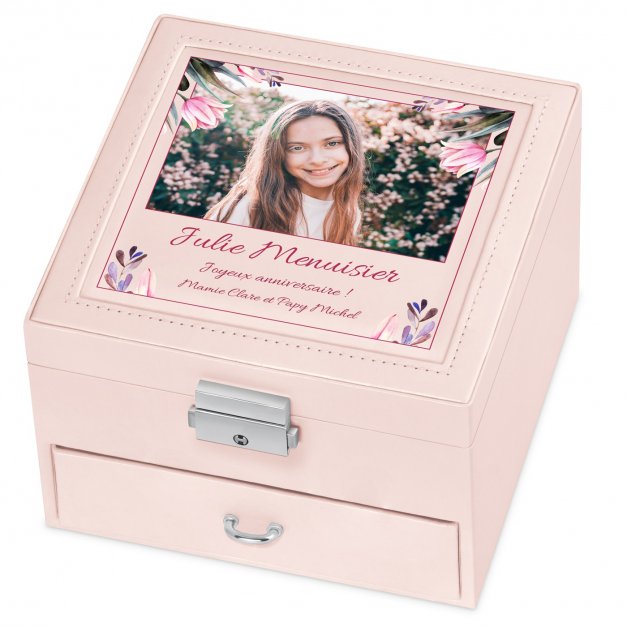 Coffret à bijoux rose personnalisé avec une photo pour une petite-fille pour son anniversaire