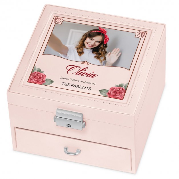 Coffret à bijoux rose personnalisé avec une photo pour une fille pour son 30e anniversaire
