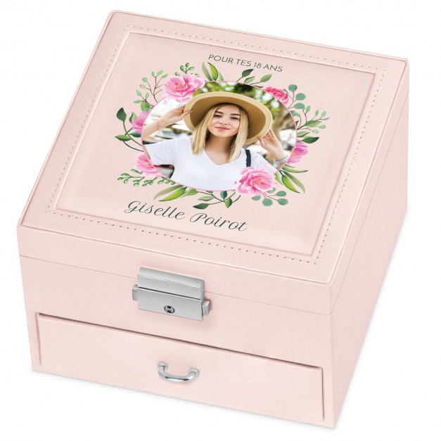 Coffret à bijoux rose personnalisé avec une photo pour une jeune fille pour ses 18 ans