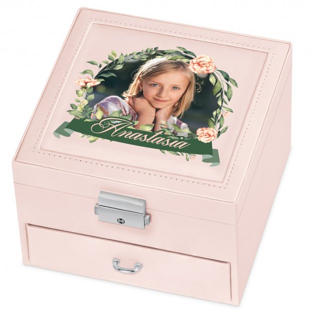 Coffret à bijoux rose personnalisé avec une photo pour une filleule