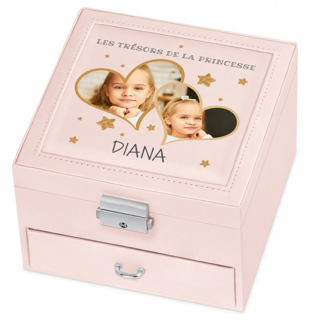 Coffret à bijoux rose avec une photo pour l'anniversaire d'une princesse