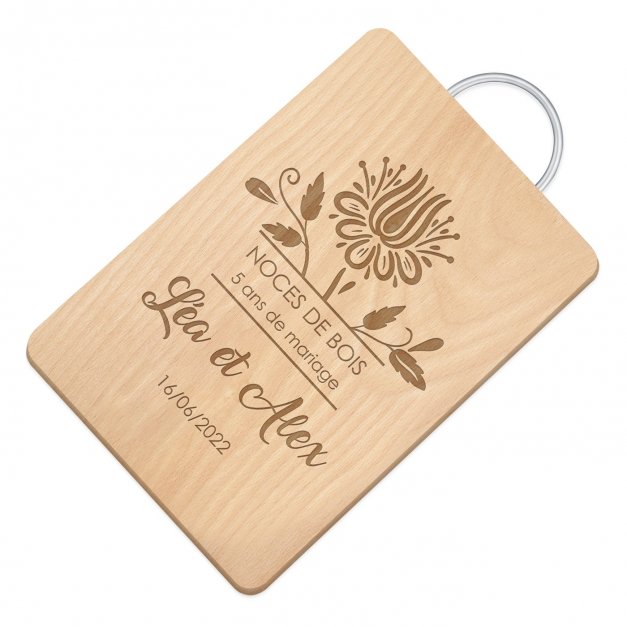 Planche à découper en bois avec manche en métal avec gravure pour un couple pour 5 ans de mariage