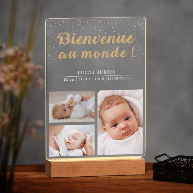 Lampe LED personnalisée de taille XL avec photo pour enfant bienvenue au monde