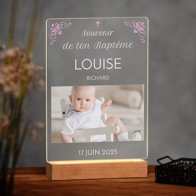Lampe LED personnalisée de taille XL avec photo souvenir de baptême fille