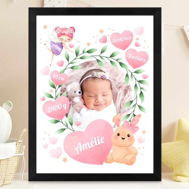 Poster encadré personnalisé avec votre photo pour la naissance d'une petite fille