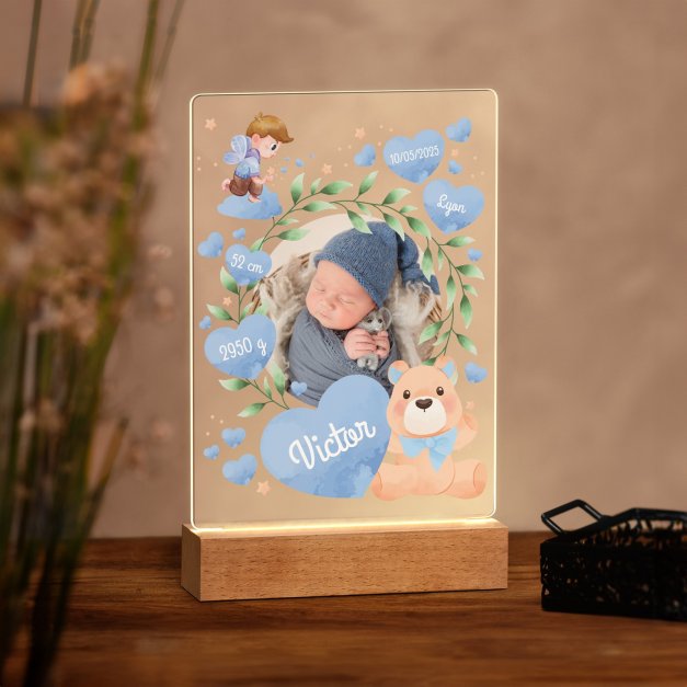 Lampe LED personnalisée de taille L avec photo affiche naissance garçon