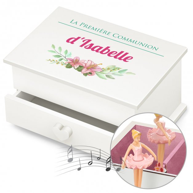 Boîte à musique avec un tiroir avec impression pour la première communion d'une fille