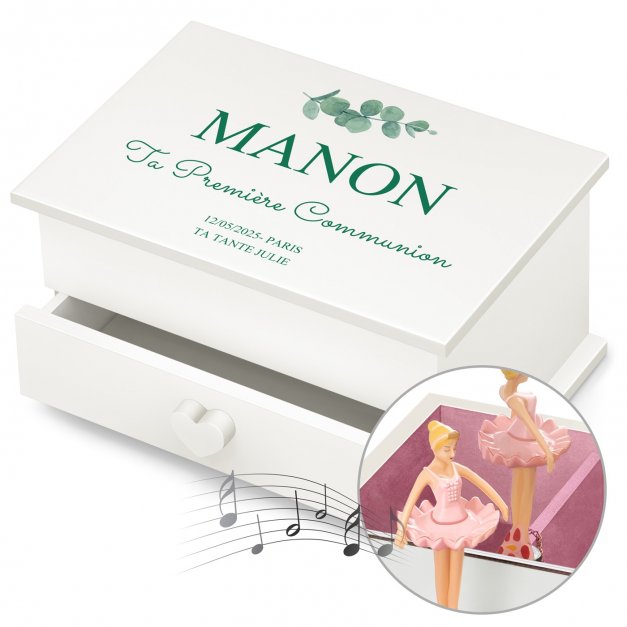 Boîte à musique avec un tiroir avec impression pour la première communion d'une nièce