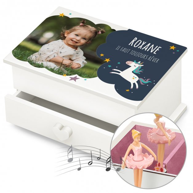 Boîte à musique pour bijoux avec votre photo imprimée pour l'anniversaire d'une petite-fille
