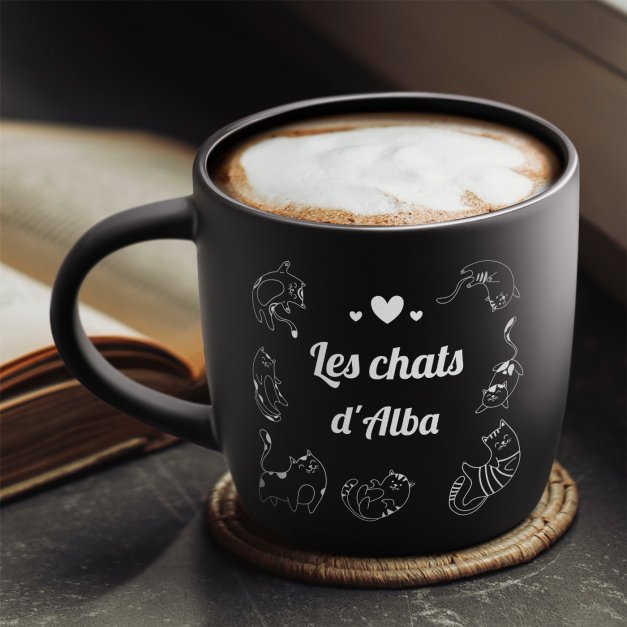 Tasse noire en céramique avec gravure pour elle femme à chats anniversaire