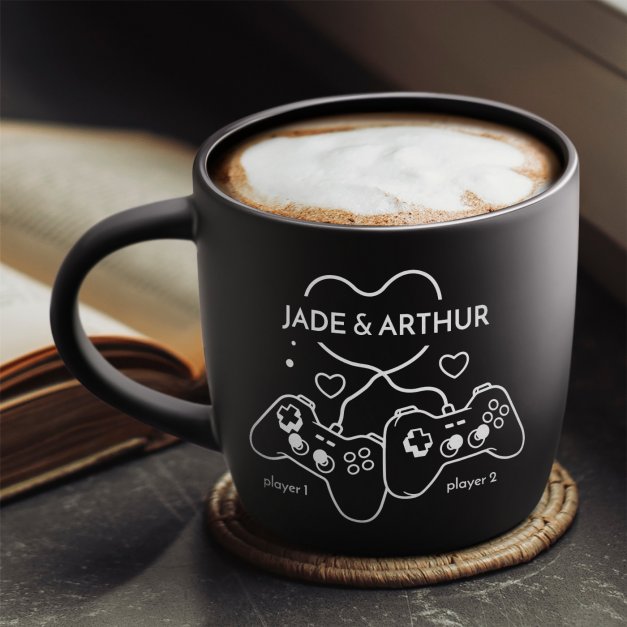 Tasse noire en céramique avec gravure pour couple saint valentin joueur gamer