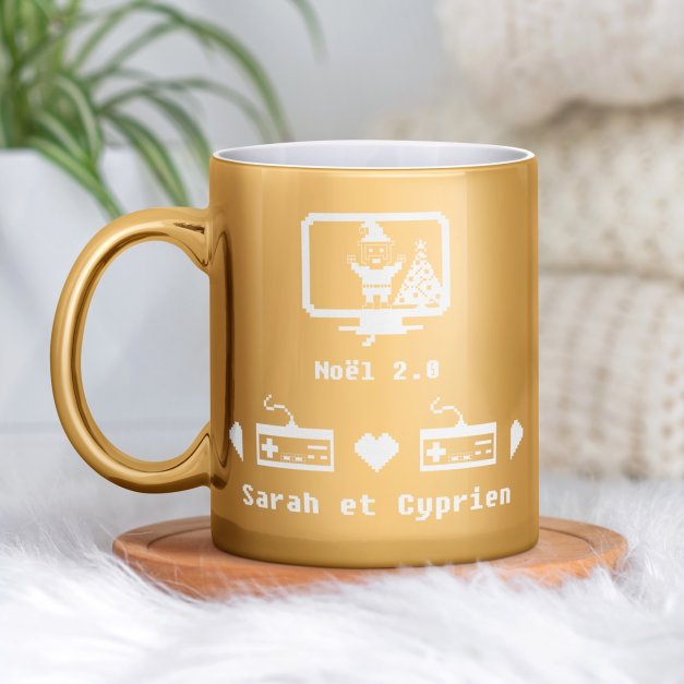 Tasse dorée en céramique avec personnalisation pour nerd geek jeux vidéos noel