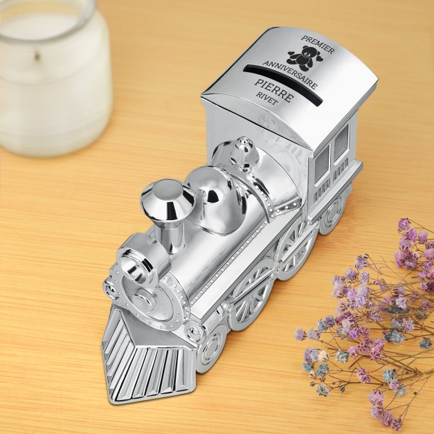 Tirelire argentée Locomotive avec personnalisation pour garçon premier anniversaire 