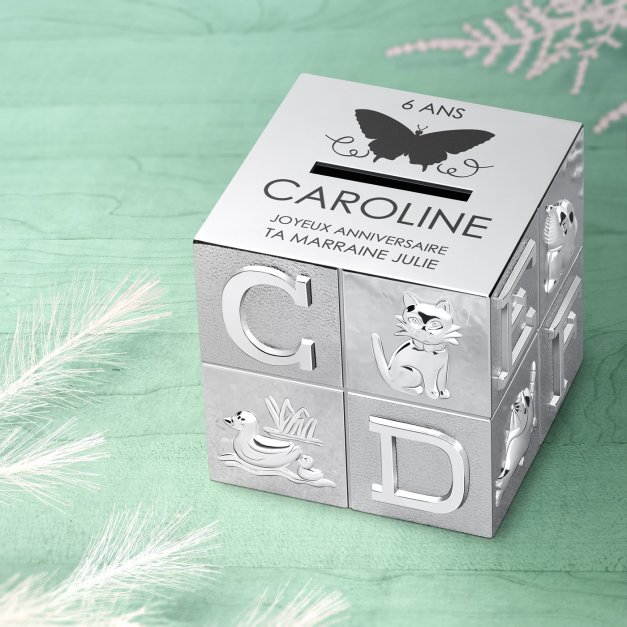 Tirelire argentée Cube avec personnalisation pour filleule
