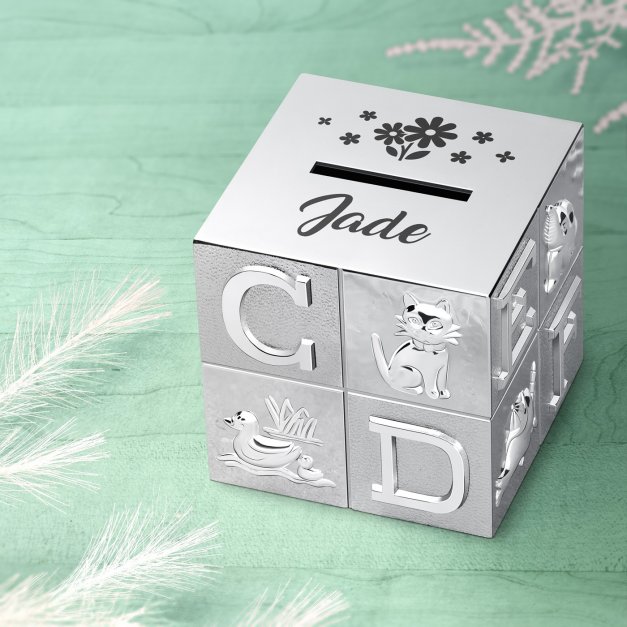 Tirelire argentée Cube avec personnalisation pour fille