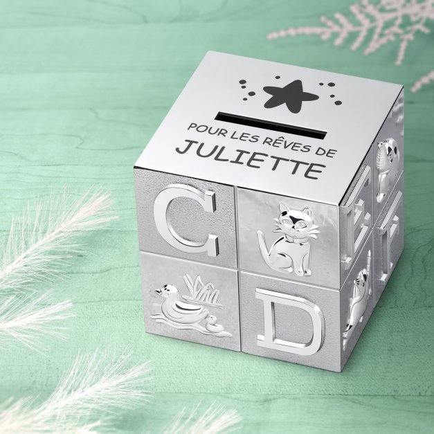 Tirelire argentée Cube avec personnalisation pour bébé