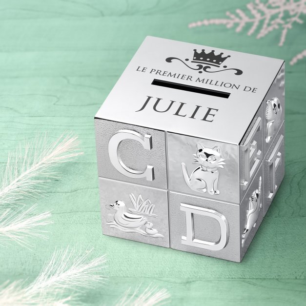 Tirelire argentée Cube avec personnalisation pour une nièce pour son anniversaire