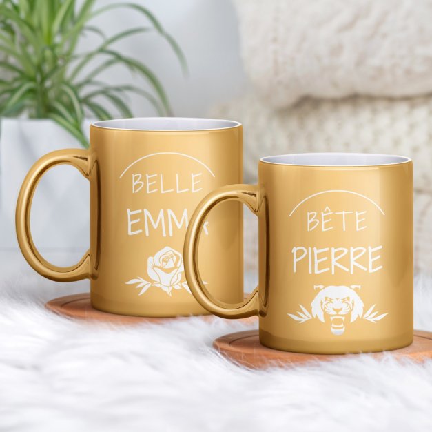 Set de 2 tasses dorées en céramique avec personnalisation pour lui et elle couple belle et la bête