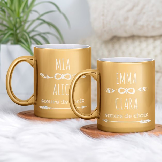 Set de 2 tasses dorées en céramique avec personnalisation pour femme sœurs amies 