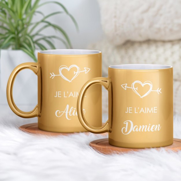 Set de 2 tasses dorées en céramique avec personnalisation pour couple saint valentin amour cœur