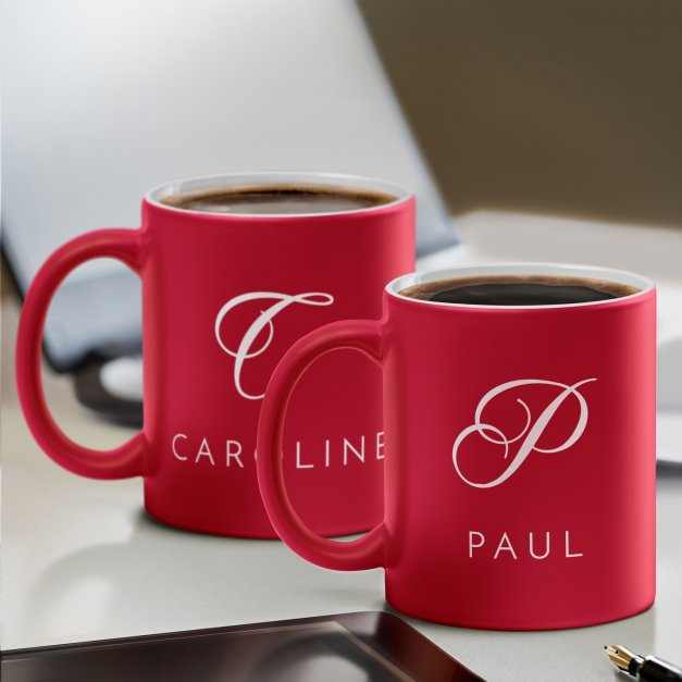 Set de 2 tasses rouges en céramique fond blanc avec personnalisation pour couple anniversaire de mariage st valentin