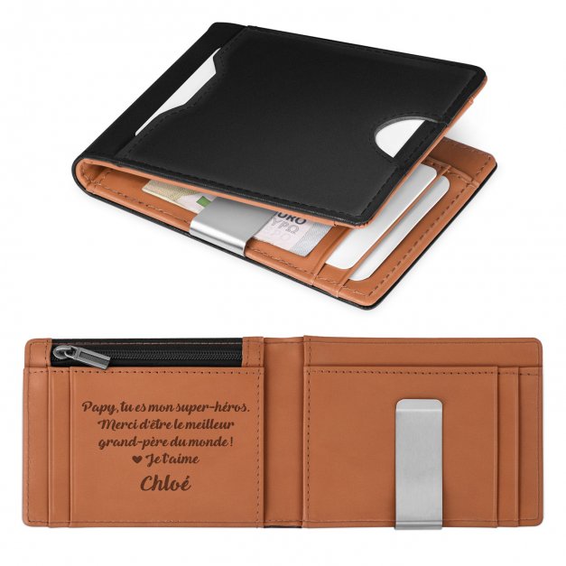 Portefeuille Slim en cuir noir lisse avec intérieur brun personnalisé pour l'anniversaire de papy