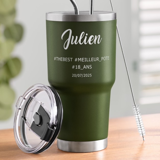 Gobelet isotherme vert avec gravure pour un copain pour ses 18 ans