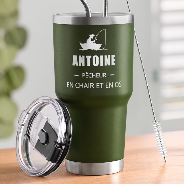 Gobelet isotherme vert avec gravure pour l'anniversaire d'un pêcheur