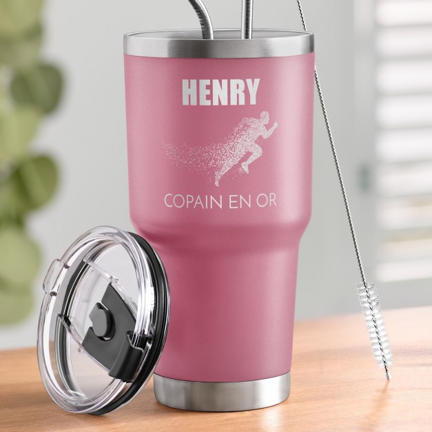 Mug isotherme rose avec gravure pour l'anniversaire d'un copain