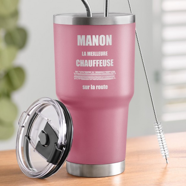 Mug isotherme rose avec gravure pour la meilleure chauffeuse sur la route
