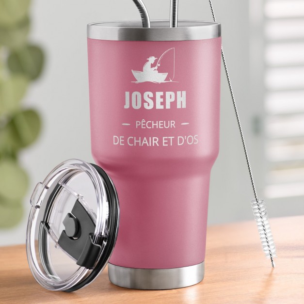 Mug isotherme rose avec gravure pour un pêcheur