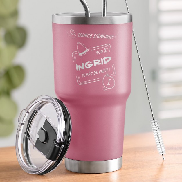 Mug isotherme rose avec gravure pour une prof