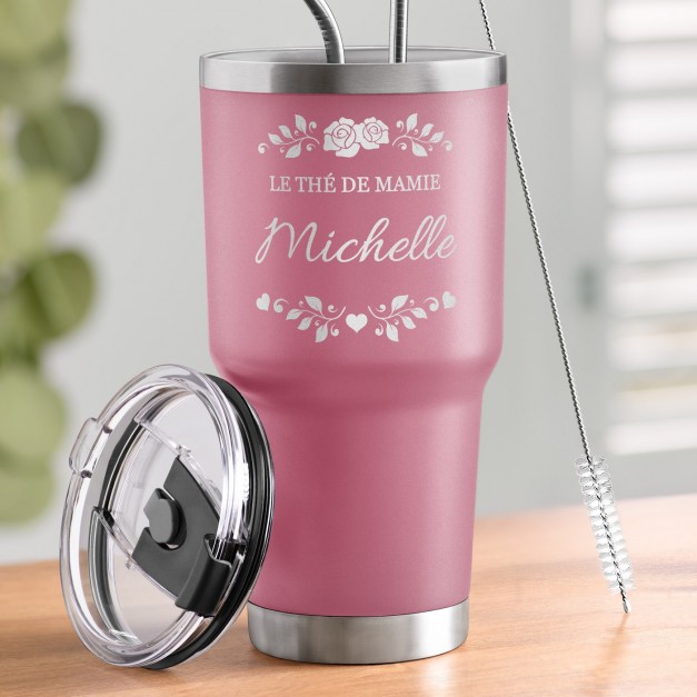 Mug isotherme rose avec gravure pour mamie