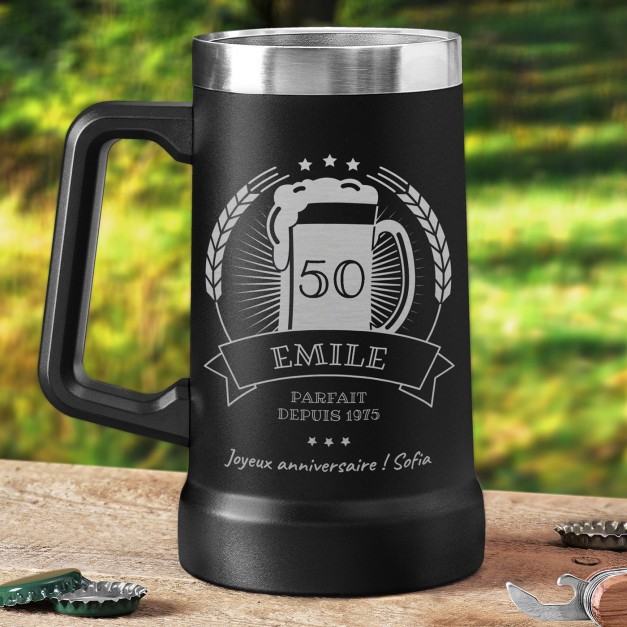 Gobelet isotherme verre à bière noir personnalisé pour un homme pour ses 50 ans