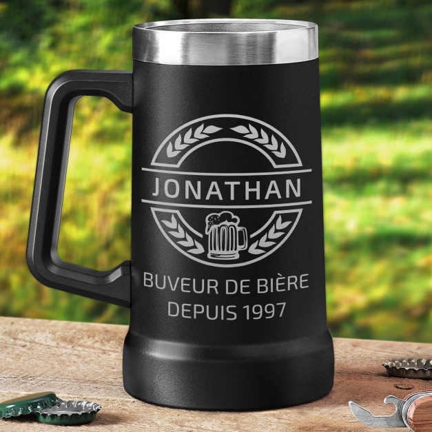 Gobelet isotherme verre à bière noir avec gravure pour un copain pour son anniversaire