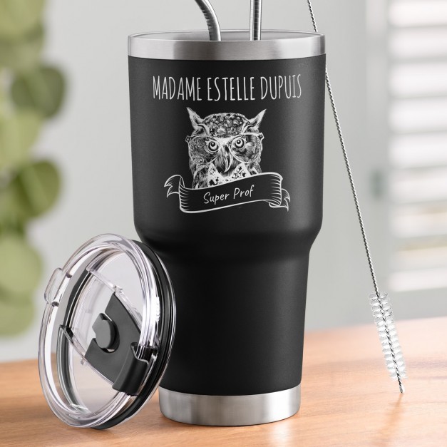 Mug isotherme noir avec gravure pour une prof
